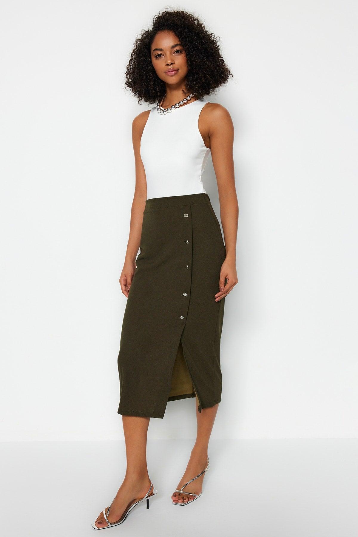 Khaki Maxi Button Detailed Crepe Knitted Pencil Skirt TWOSS23ET00320 - Swordslife