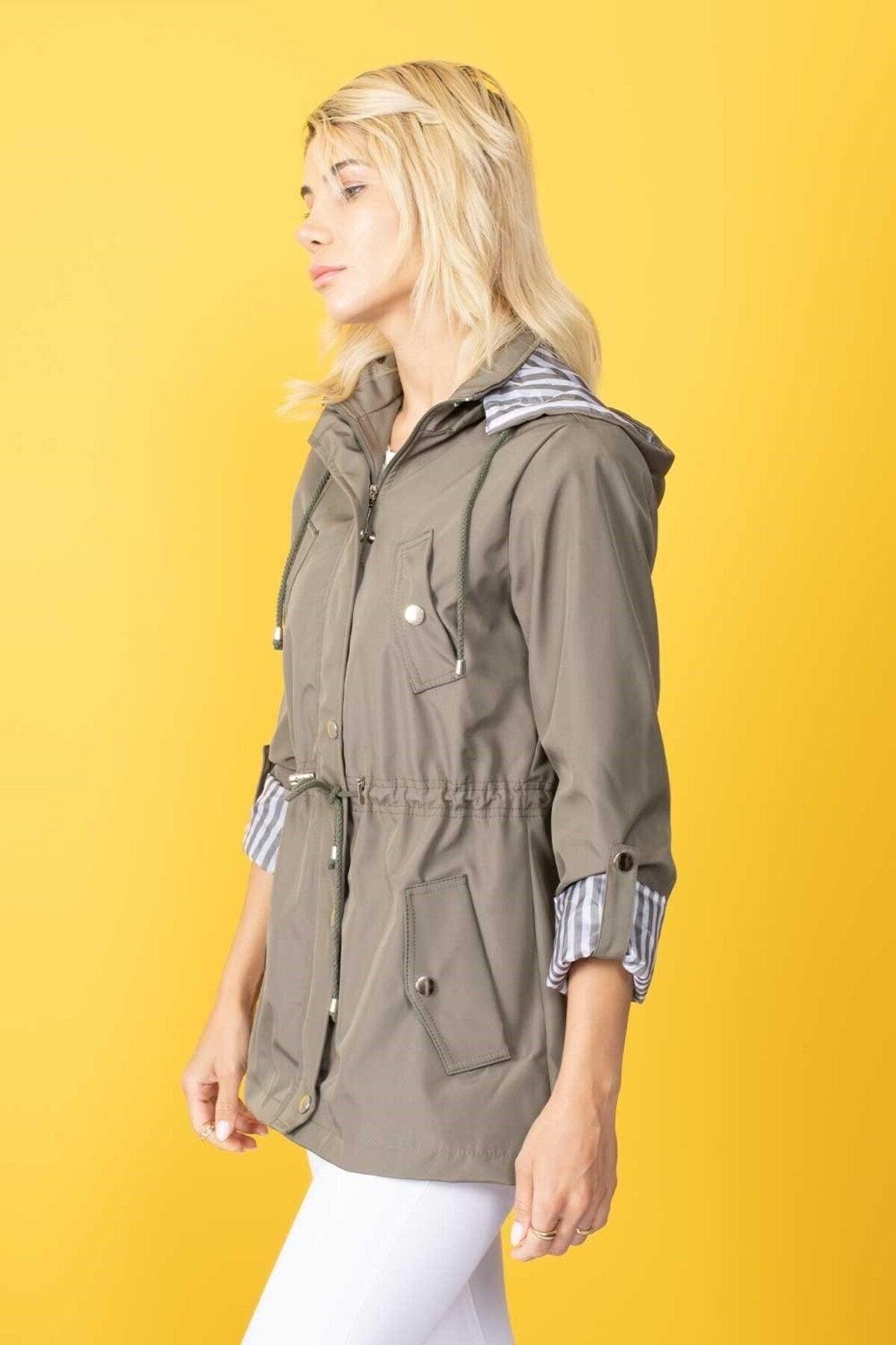 Women's Khaki Green Hooded Seasonal Coat - Swordslife