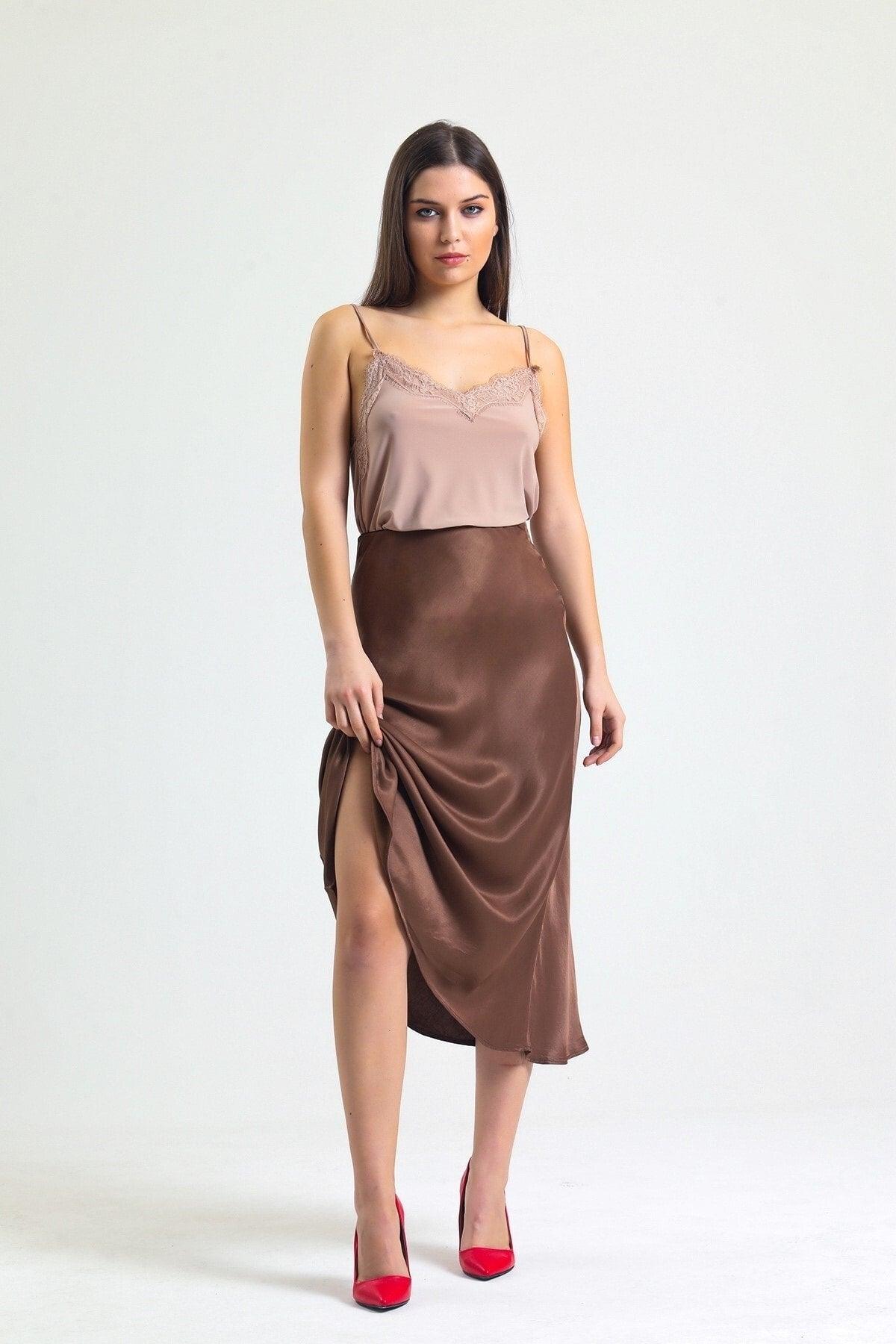 Summer Sidewalk Viscose Satin Fabric Midi Length Skirt -brown - Swordslife