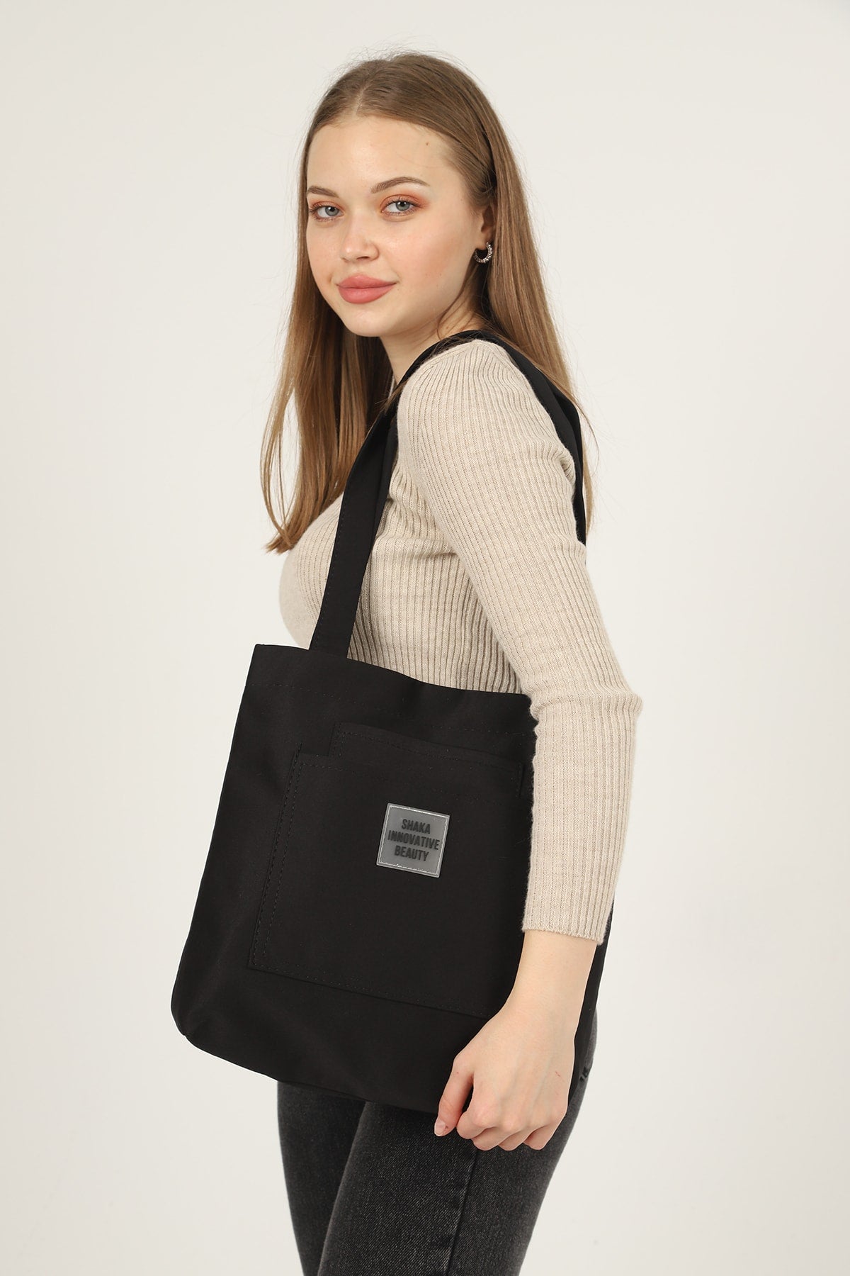 Black U22 3-Compartment Front 2 Pocket Detailed Canvas Fabric Daily Women's Arm and Shoulder Bag B:35 E:35