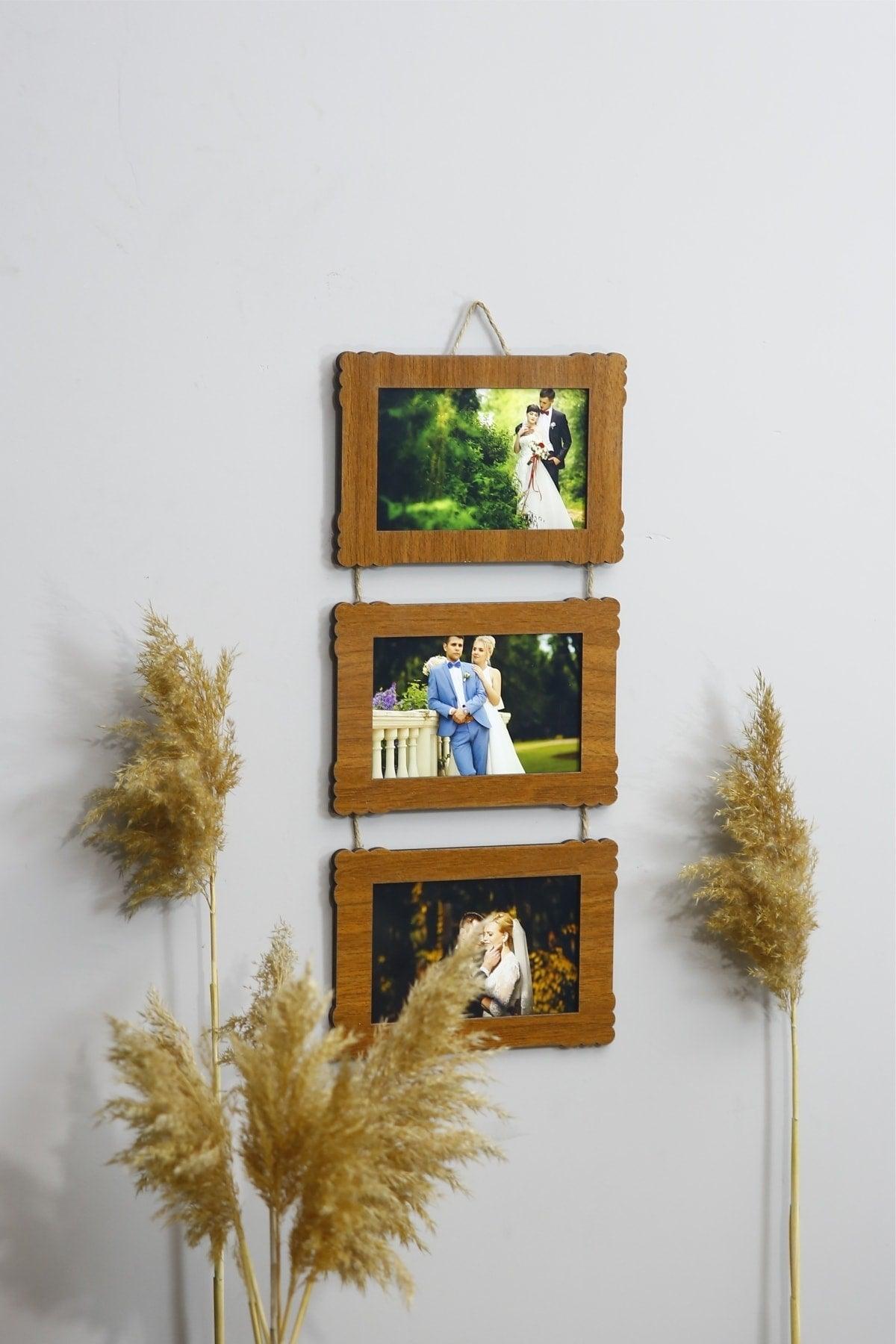 Wooden Triple 10x15 Cm Rope Photo Hanger Horizontal-color Walnut - Swordslife