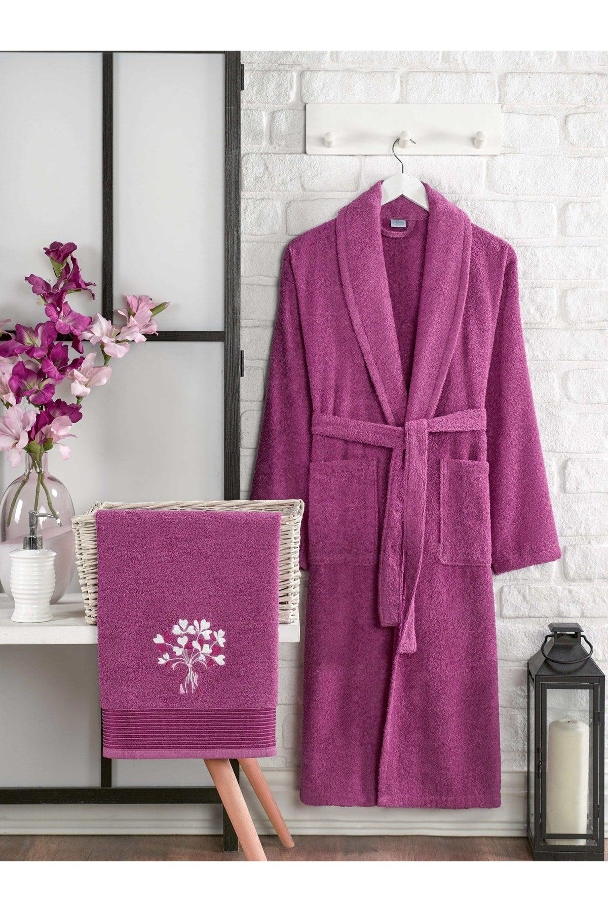 100% Cotton Embroidered 4-Piece Family Bathrobe Set| Bathrobe Set | Dowry Set | Sax Blue | magenta - Swordslife