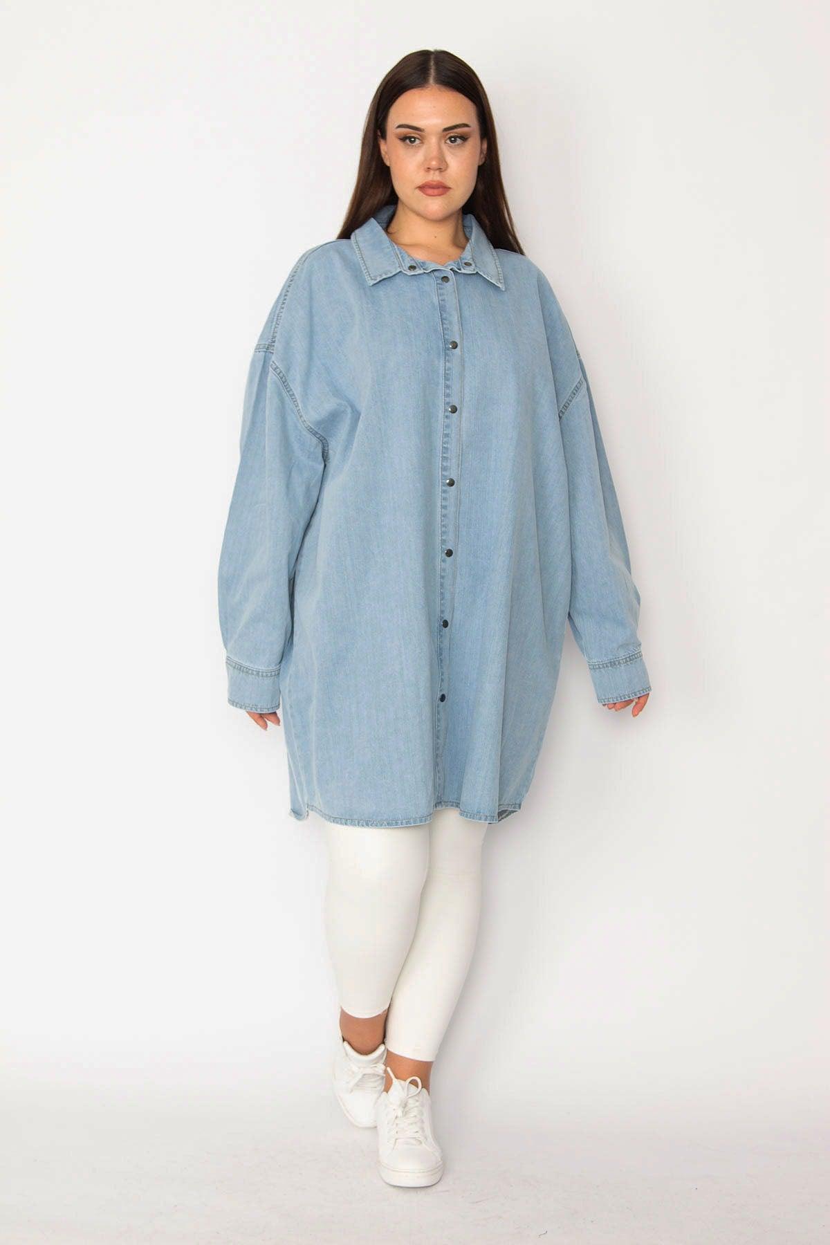 Women's Large Size Blue Loose Cut Snap Button Oversize Denim Tunic Jacket 65n28047 - Swordslife