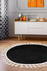 Dinarsu Tasseled Single Round Post Plush Carpet Non-Slip Base Black Fringed 100 Cm - Swordslife