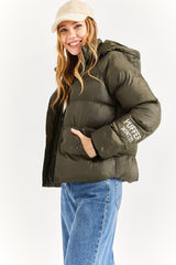 Women's Khaki Hooded Print Detail Down Jacket - Swordslife