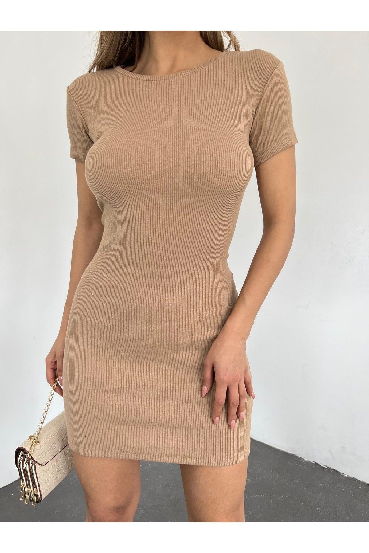 Women Camisole Crew Neck Short Sleeve Ribbed Mini Dress Camel - Swordslife