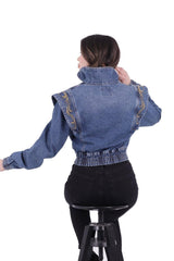 Women's Denim Jacket with Embroidered Shoulders, No Pocket, Elastic Waist, Zippered Bomber Denim for All Seasons - Swordslife