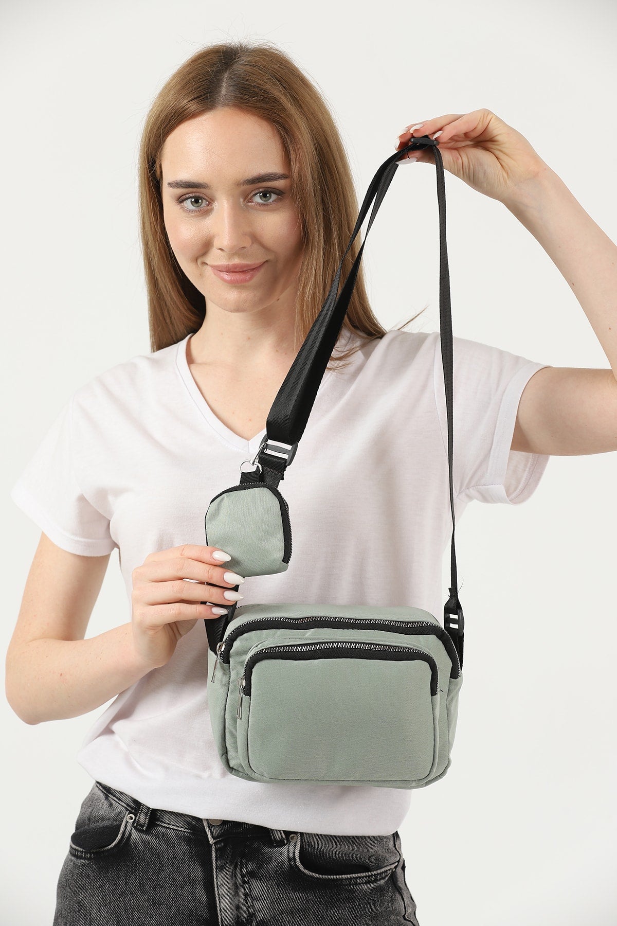 Green U4 Canvas Women's Cross Shoulder Bag With 2 Compartments And Wallet With Adjustable Strap B:17 E:22 G:12