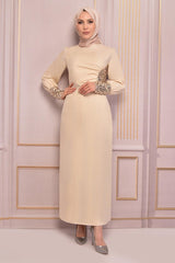 Pearl Detail Evening Dress Beige Asm2553 - Swordslife