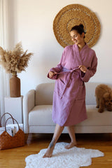 Adult Kimono Bathrobe, 100% Cotton 4 Ply Multi Muslin Plum - Swordslife