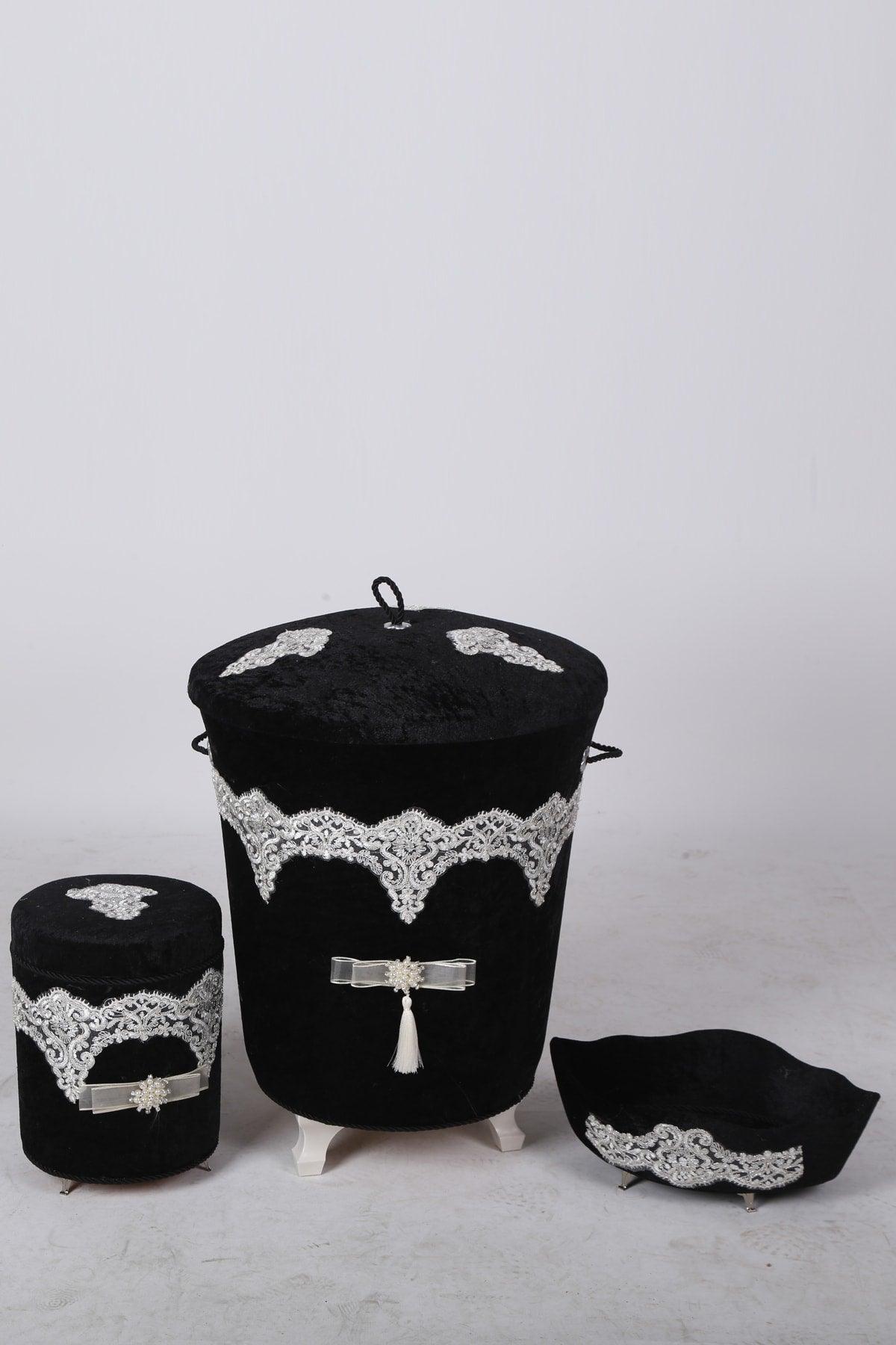 Luxury Black Velvet Bathroom Set Guipure Dirty Laundry Basket Set of 3 - Swordslife