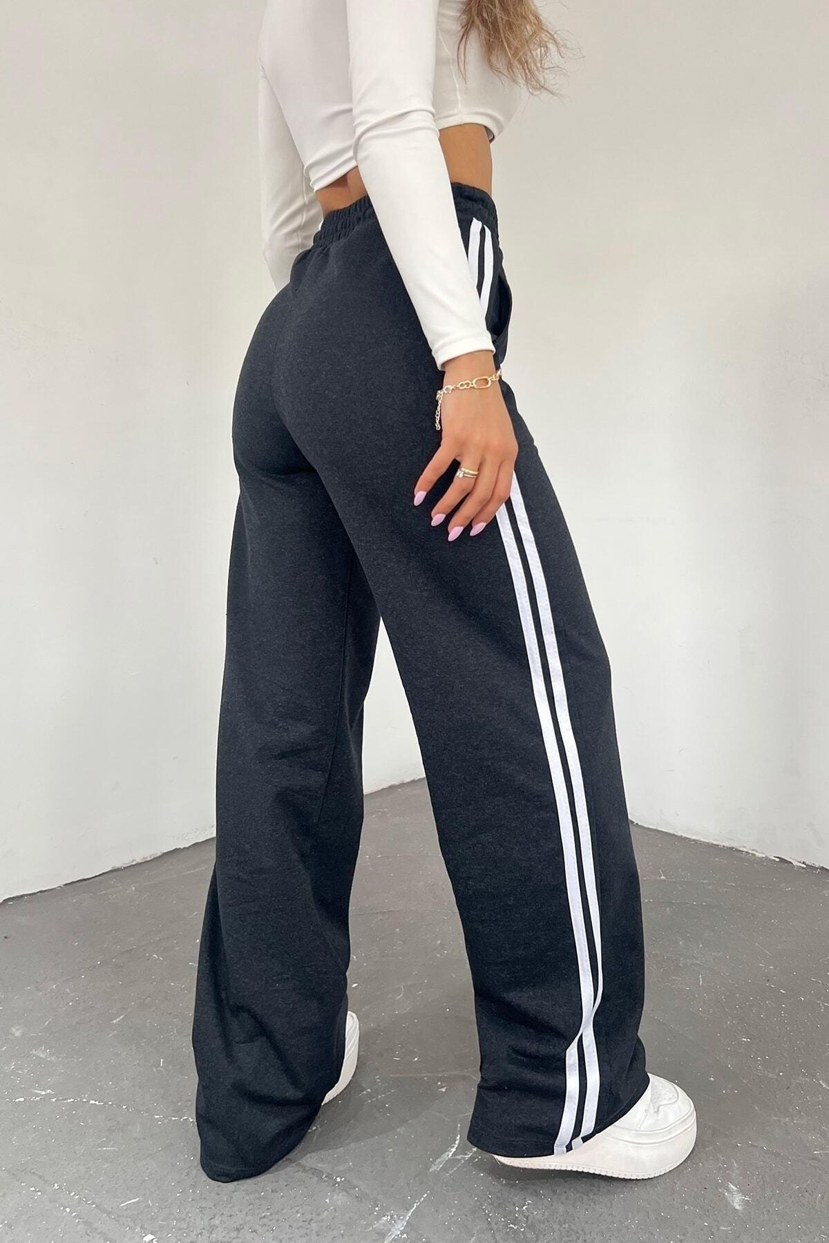 Women's Anthracite High Waist Striped Wide Leg Seasonal Sweatpants - Swordslife