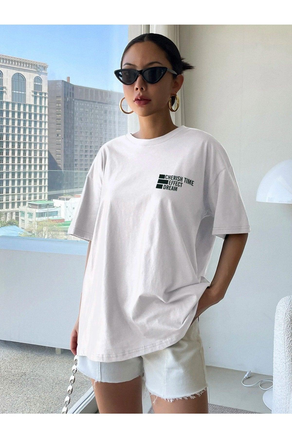 Women's White Cheerish Print Oversize T-shirt - Swordslife