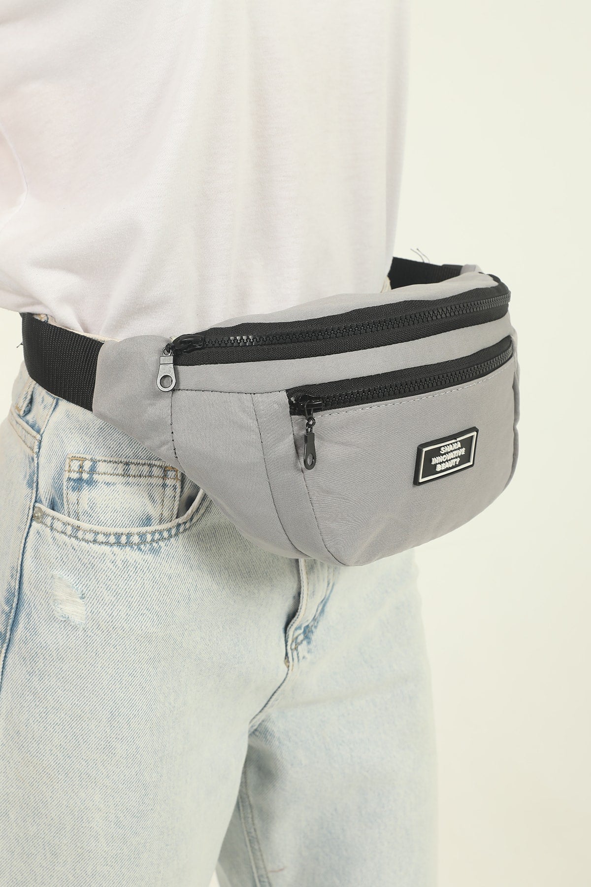 Gray U8 2-Compartment Adjustable Cross Strap Canvas Unisex Waist And Shoulder Bag E:38 B:17 G:7