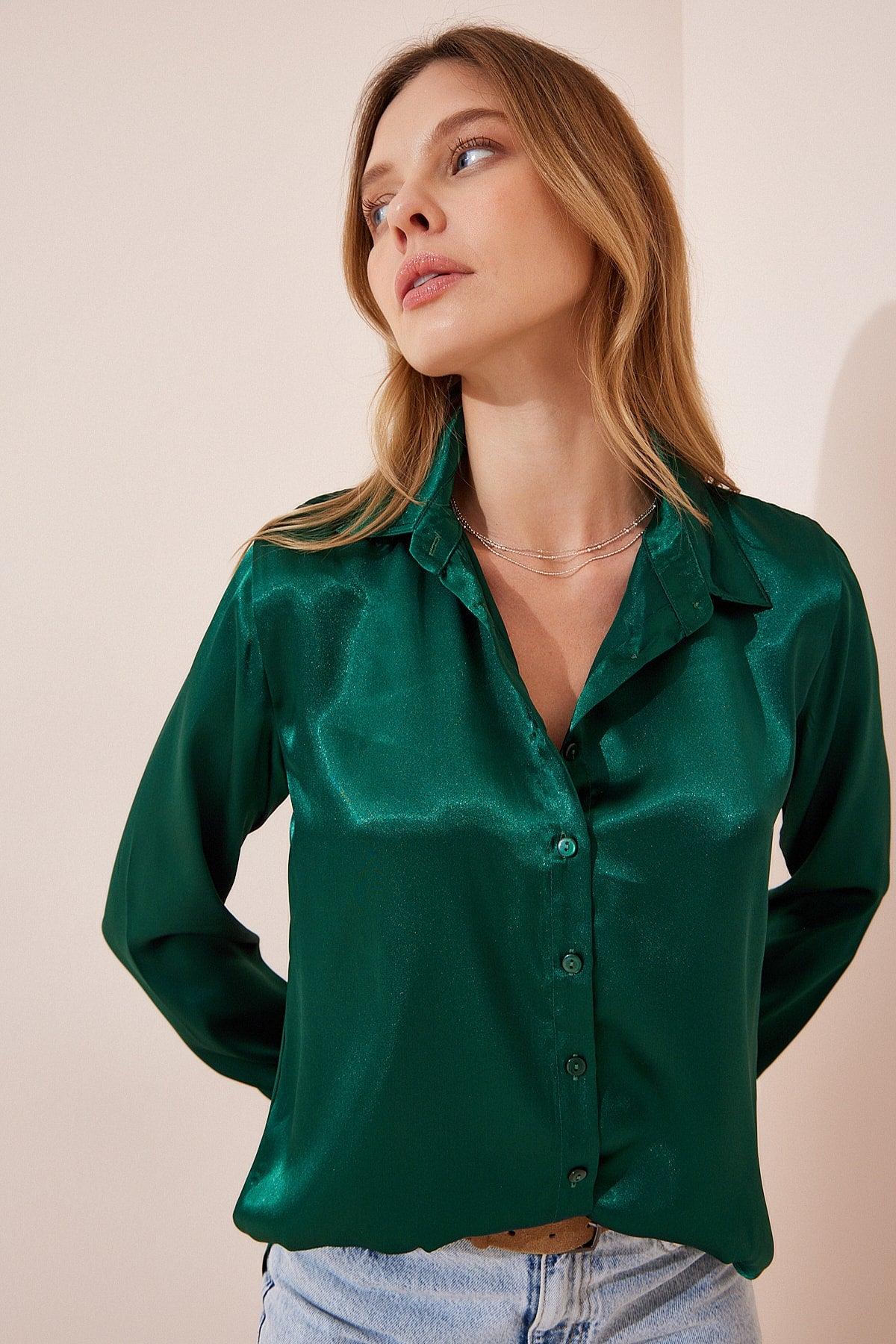 Women's Emerald Green Lightly Flowy Satin Finish Shirt DD00990 - Swordslife