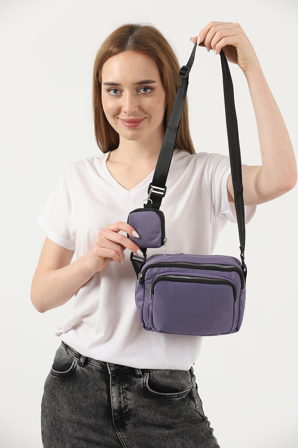 Lilac U4 Canvas Women's Cross Shoulder Bag With 2 Compartments And Wallet With Adjustable Strap B:17 E:22 G:12