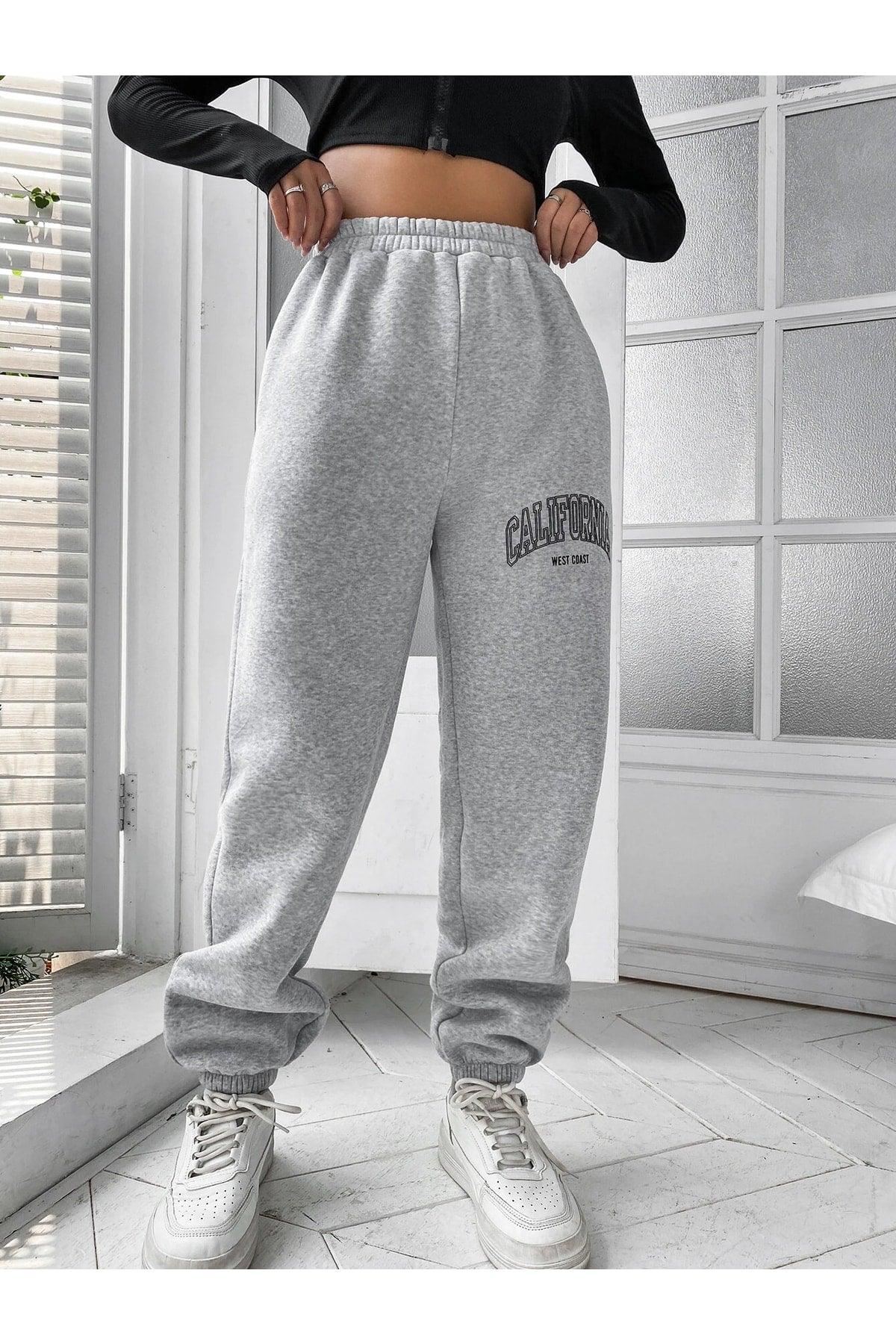 California Printed Jogger Sweatpants - Grey, Elastic Legs, Pockets, High Waist, Summer - Swordslife