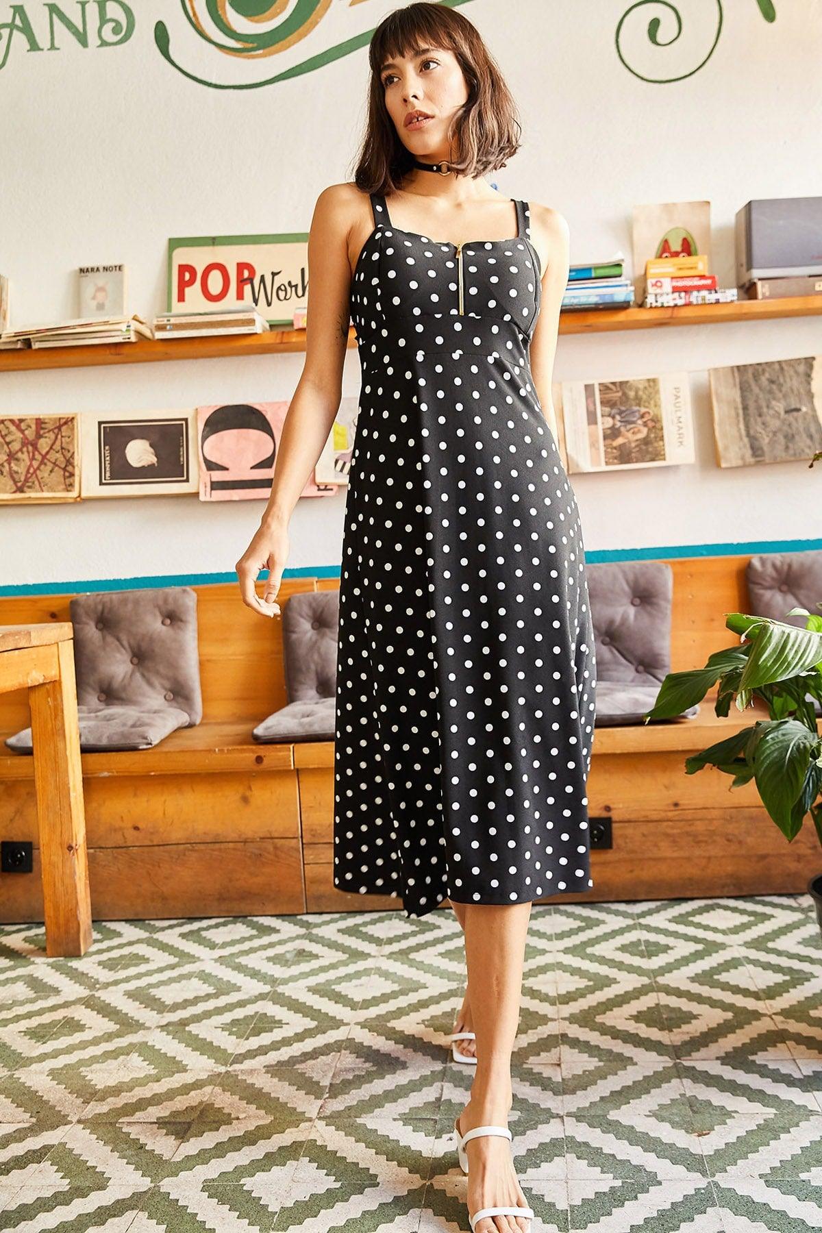 Women's Black Polka Dot Zippered Big Palm Pattern Dress ELB-19000615 - Swordslife