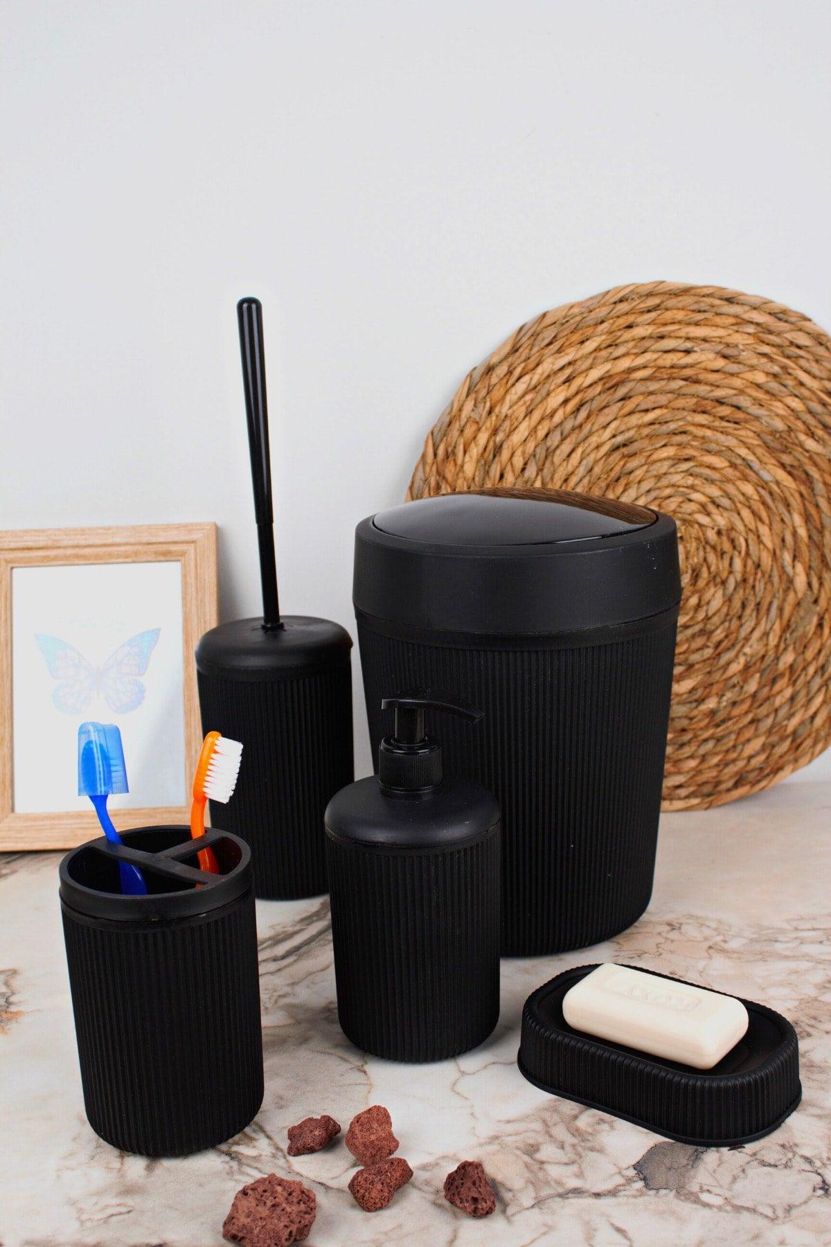 5 Pieces Black Plastic Striped Bathroom Accessory Set & Black Bathroom Set - Swordslife