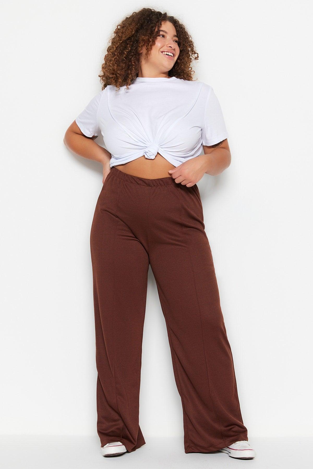 Brown Wideleg Knitted Crepe High Waist Ribbed Trousers TBBSS23AR00021 - Swordslife