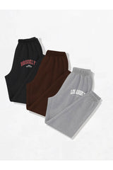 3-pack City Printed Jogger Sweatpants - Black, Gray And Brown, Elastic Legs, High Waist, Summer