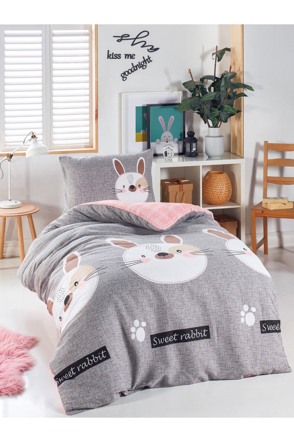 Junior Duvet Cover Set Single Rabbit A.Brown-Grey-Pink