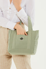 Green U37 Snap Closure 2 Compartment Front Pocket Detailed Canvas Fabric Daily Women's Arm And Shoulder Bag U