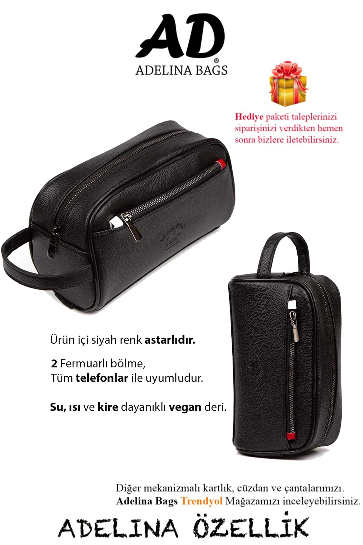 Adelina Black Leather Portfolio Clutch Bag Travel Shaving Cosmetic Clutch Bag