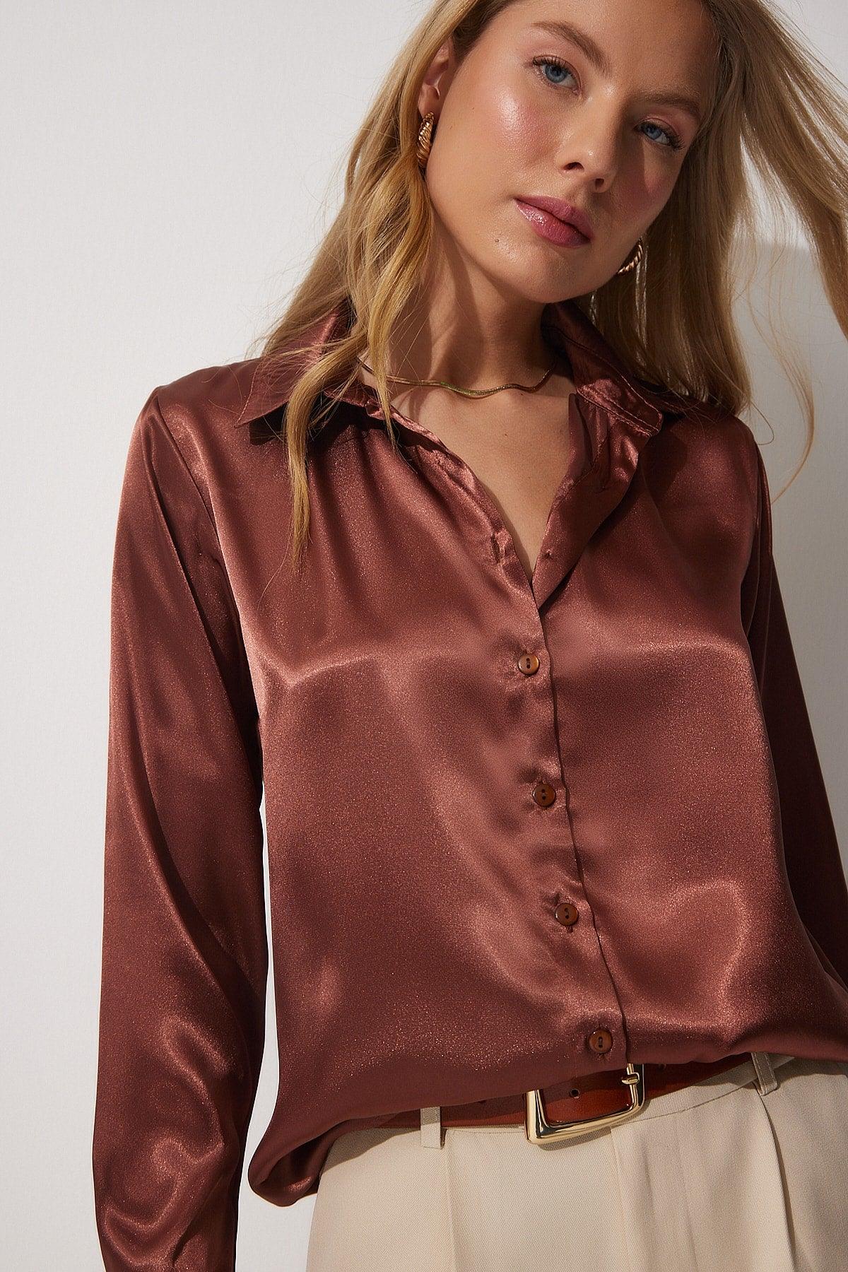 Women's Brown Light Flowy Satin Shirt DD00990 - Swordslife