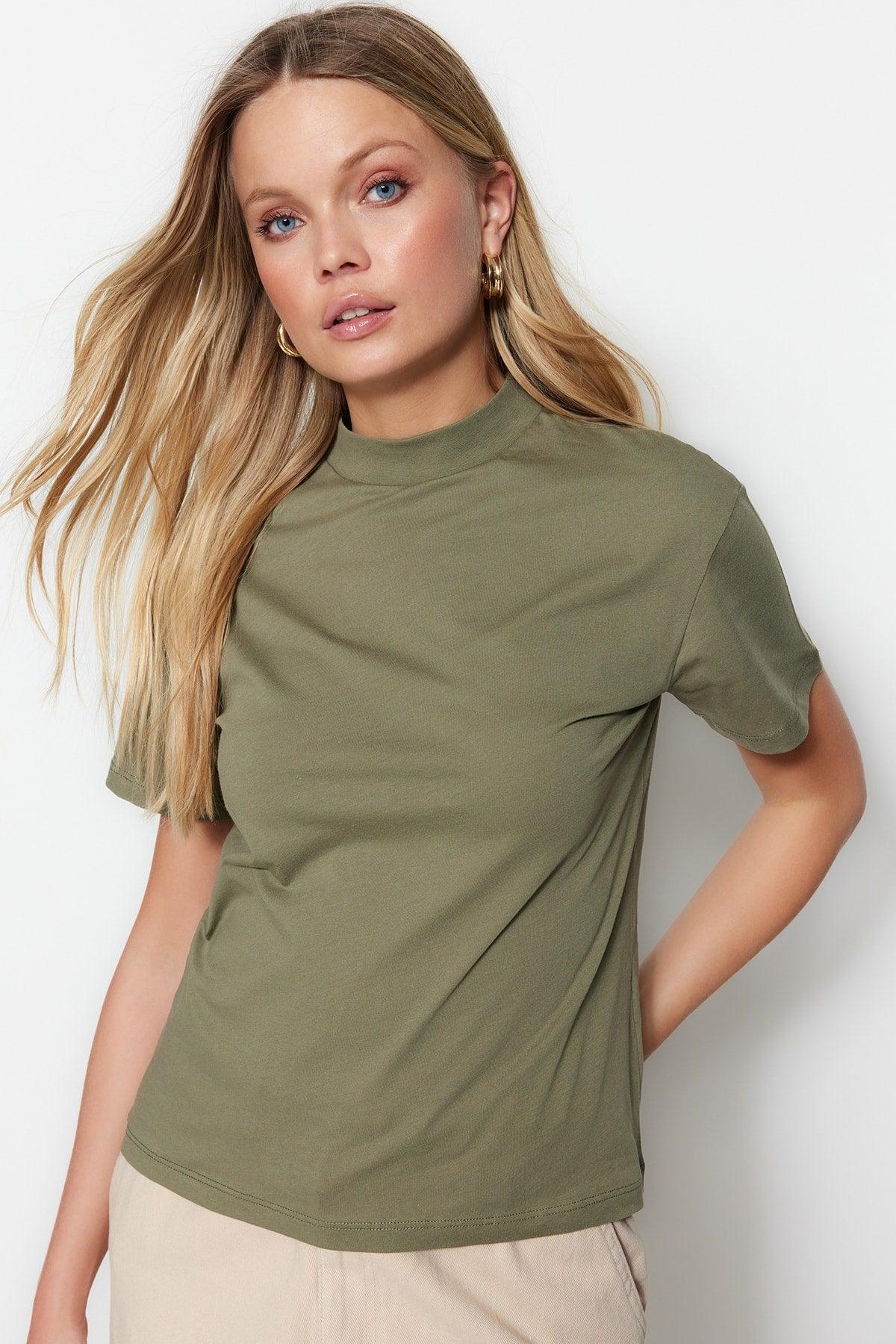 Khaki 100% Cotton Basic Stand Up Collar Knitted T-Shirt TWOAW20TS0096 - Swordslife