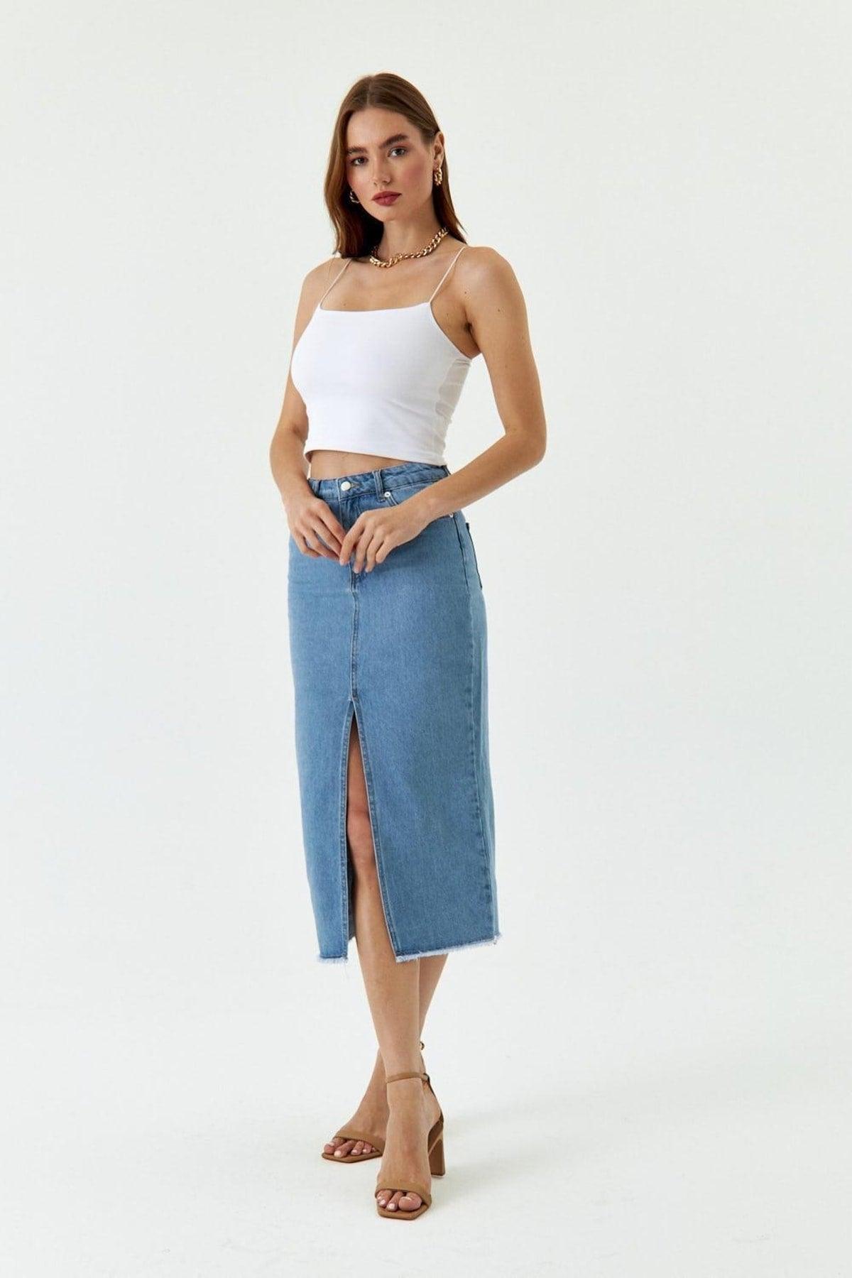 Slit Detailed Midi Length Blue Denim Skirt - Swordslife