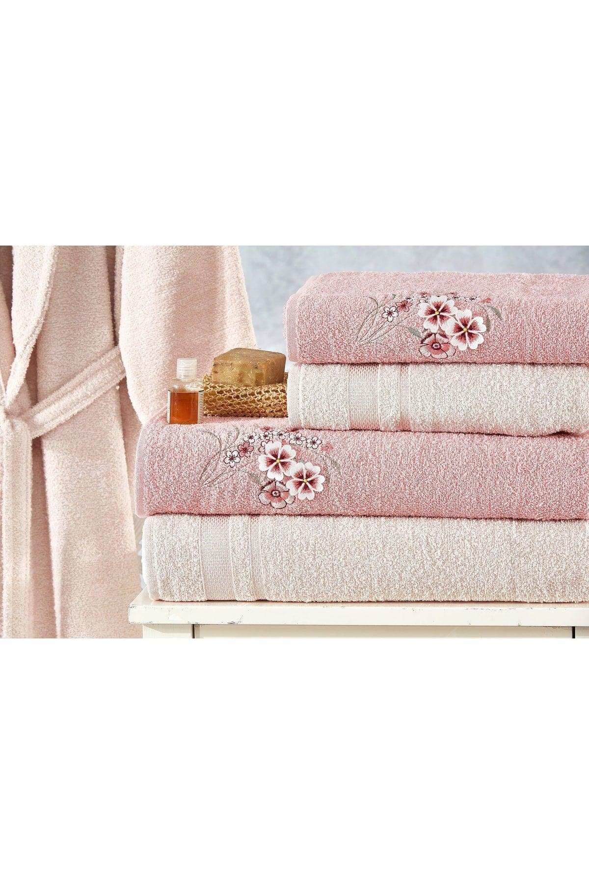 Family Embroidered Powder & Cappuccino Family Bathrobe Set 6 Pieces Dowry Women Men Bath Towel Set - Swordslife