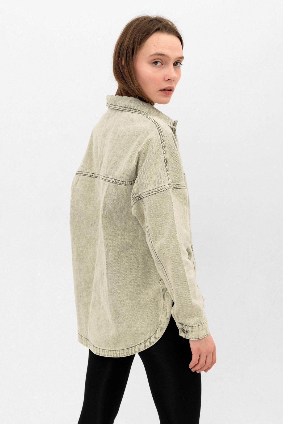 Khaki Green Pocket Slit Detailed Oversize Denim Jacket - Swordslife