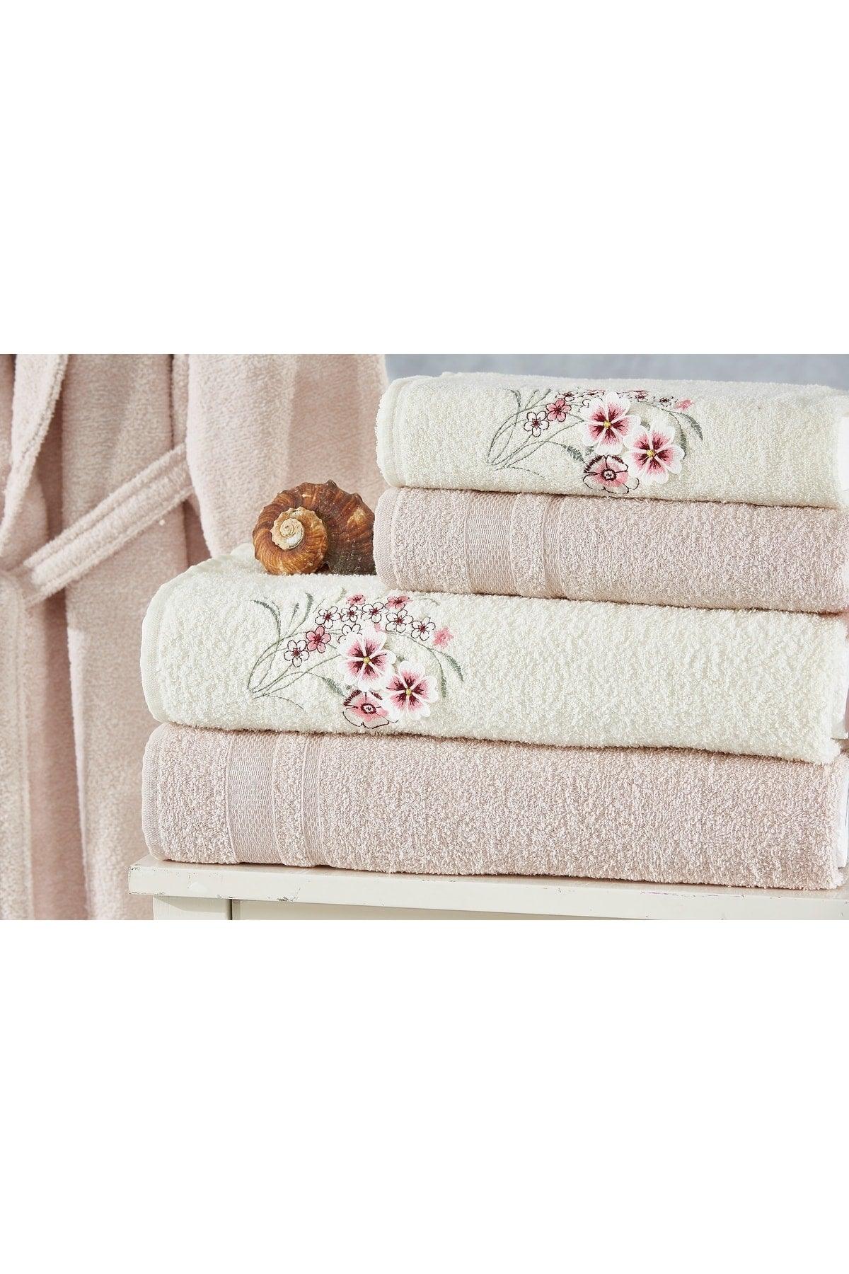 Family Embroidered Cream & Cappuccino Family Bathrobe Set 6 Pieces Dowry Women Men Bath Towel Set - Swordslife