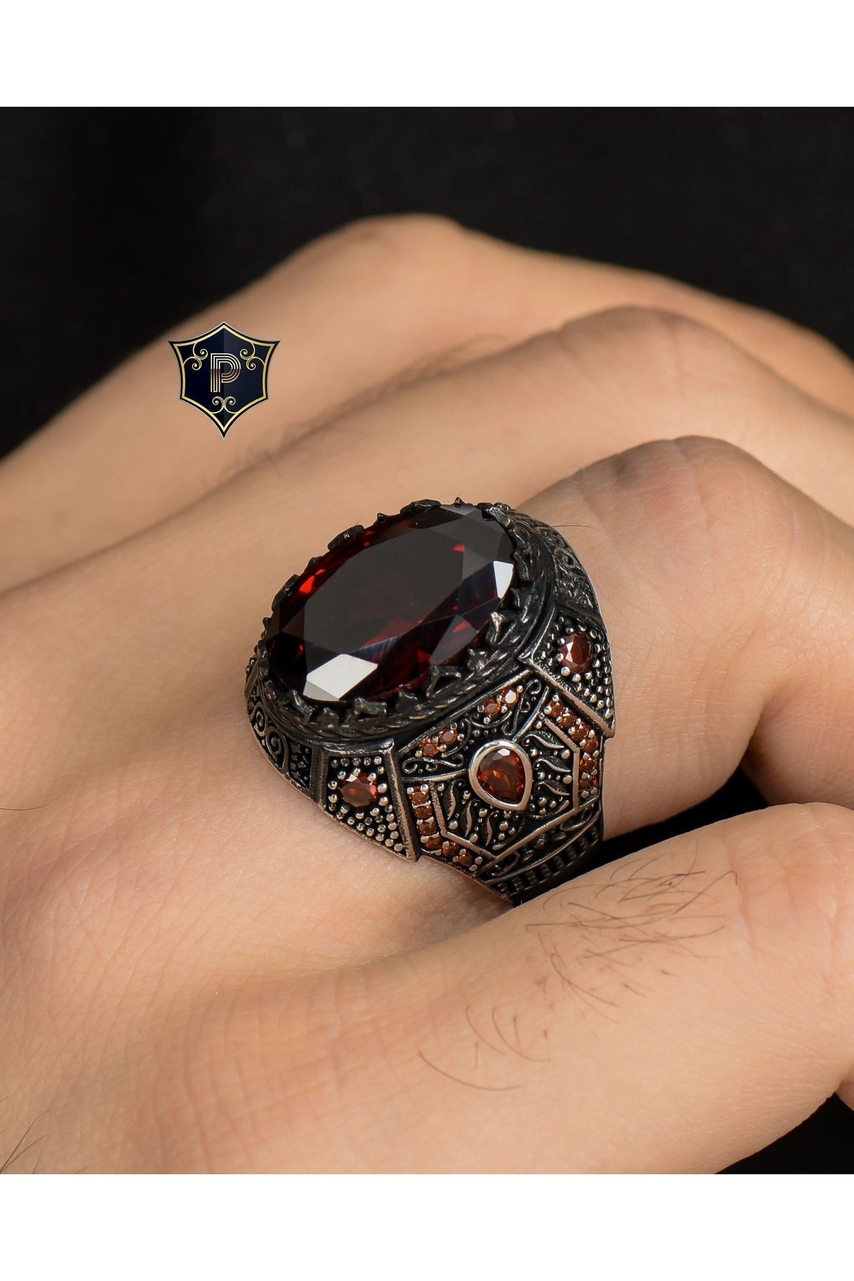 925 Sterling Silver Men's Ring With Red Zircon Stone Zircon Stone Embellished