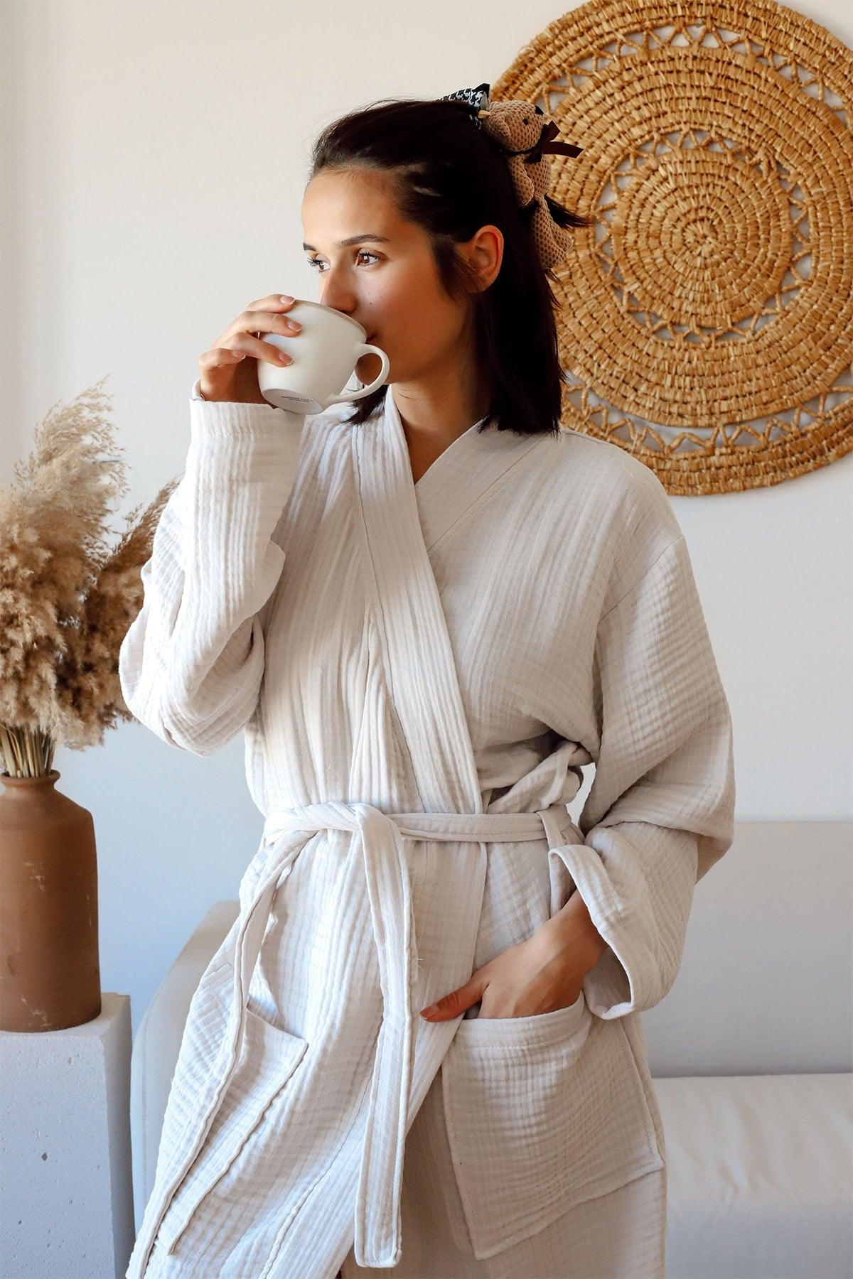 Adult Kimono Bathrobe, 100% Cotton 4 Ply Multi Muslin Light Beige - Swordslife