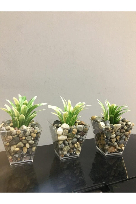 Artificial Greenery in 3 Pebble Pots White 6cm X10cm - Swordslife