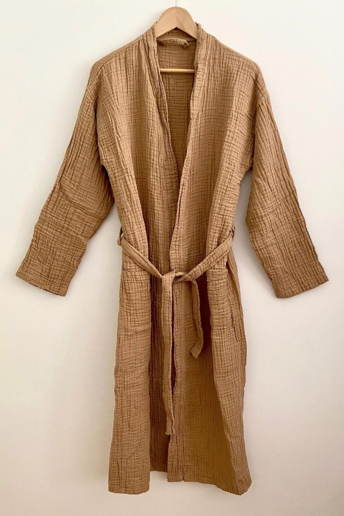 4 Layer Muslin Unisex Bathrobe Dressing Gown, 100% Cotton Kimono, Camel - Swordslife