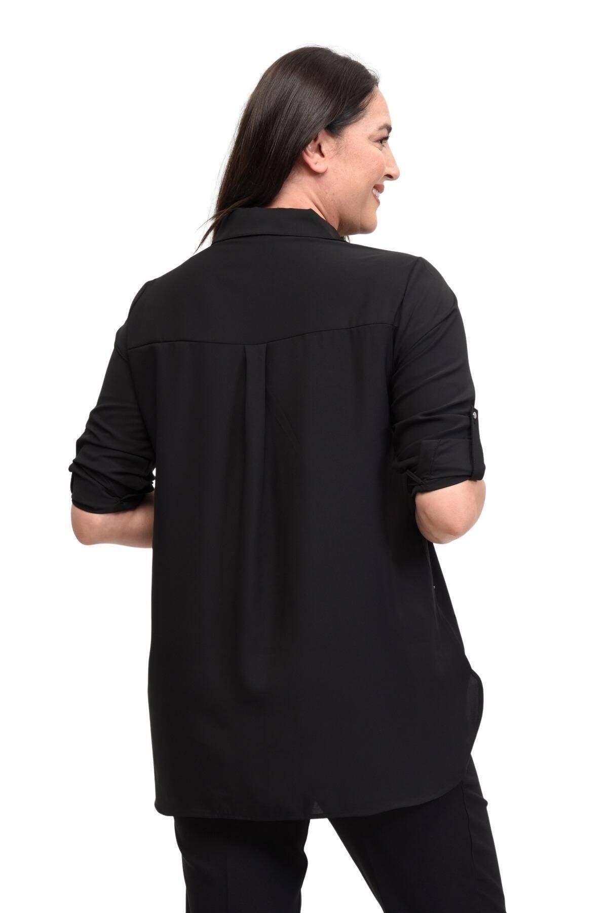 Women's Large Size Black Fold Sleeve 42-52 Pearl And Stone Detailed Jessica Crepe Evening Dress Shirt - Swordslife