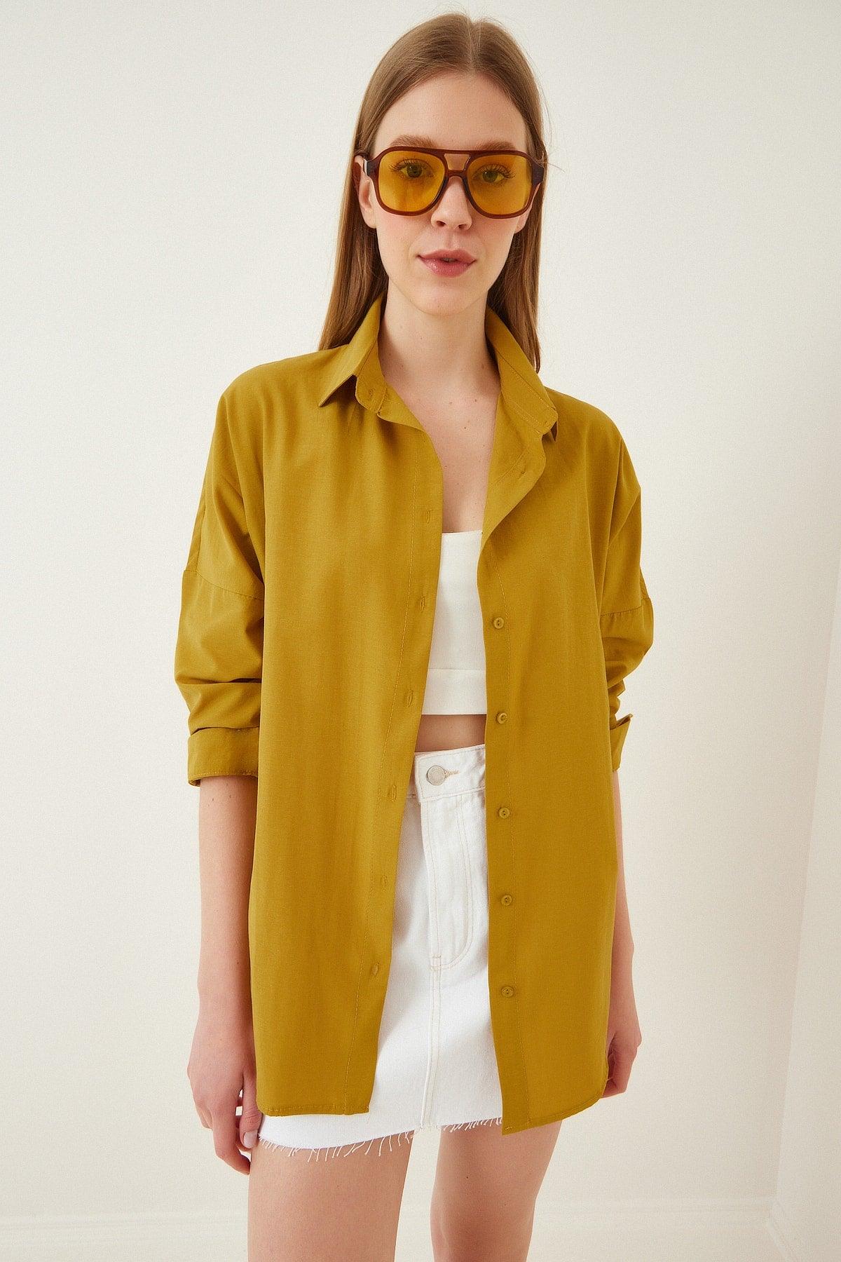 Women's Mustard Oversize Long Basic Shirt DD00842 - Swordslife