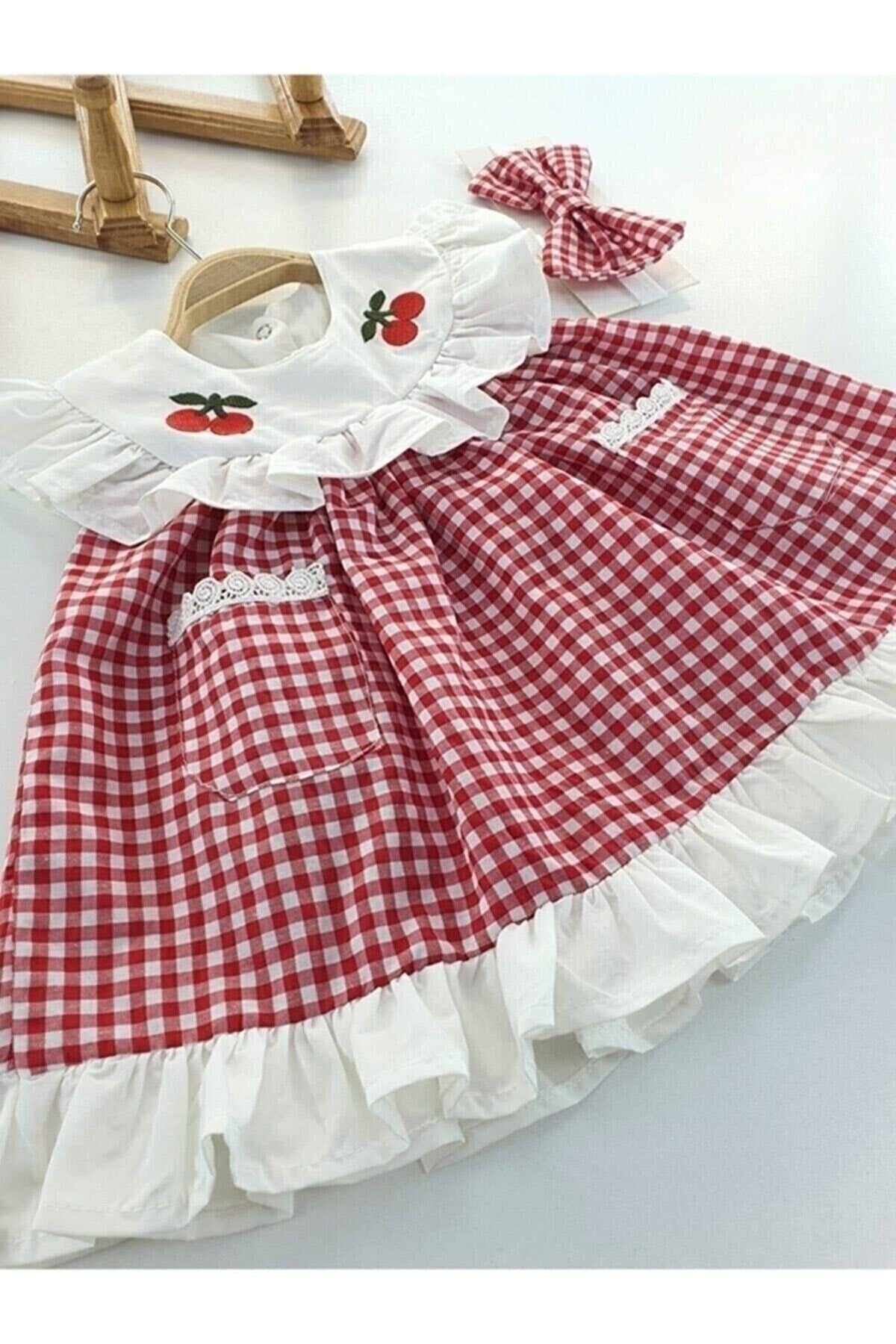 Baby Girl Red Gingham Cherry Detailed Hair Band Summer Dress