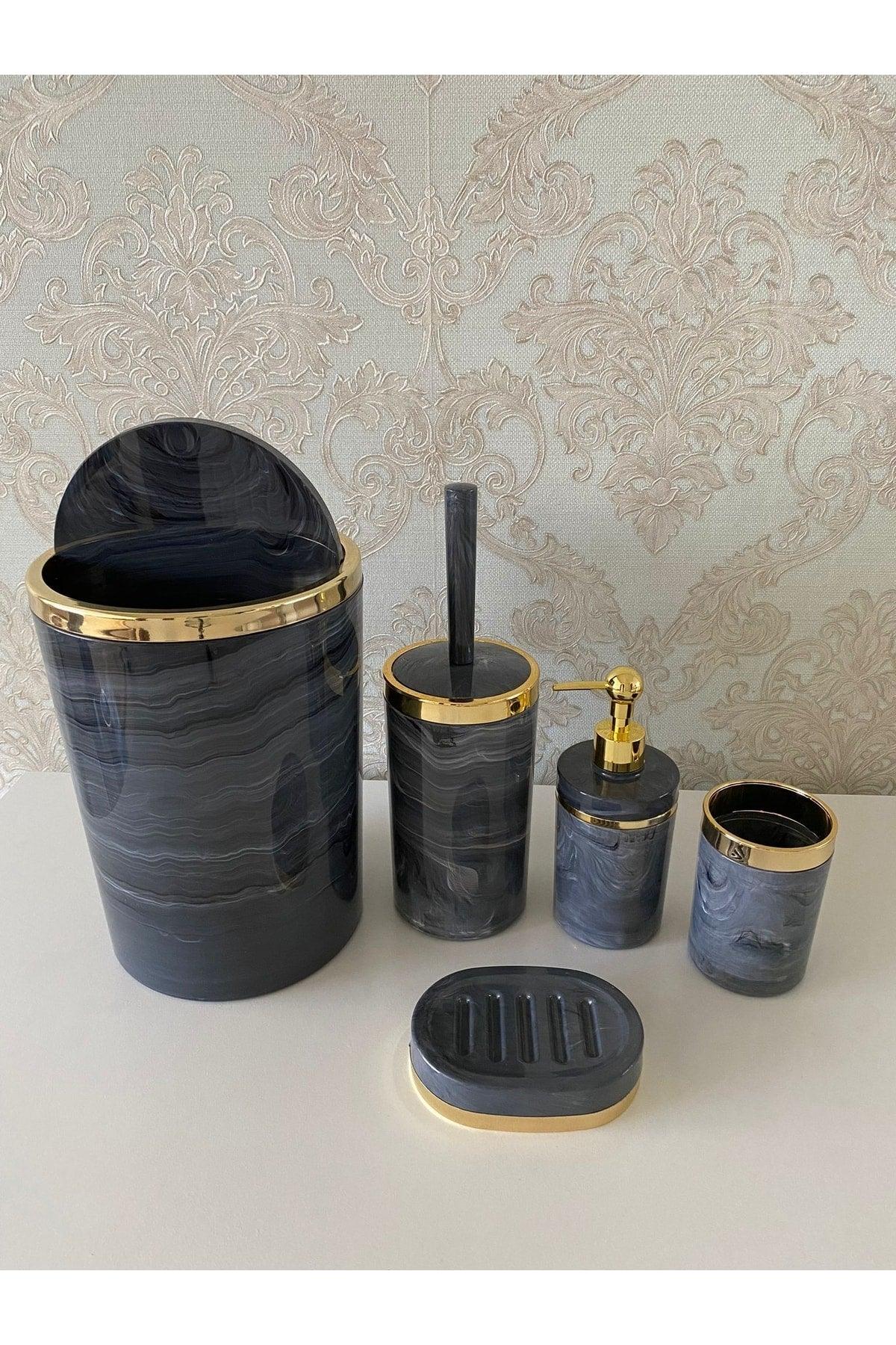 5 Pieces Marble Pattern Bathroom Set / Wc Brush Holder, Liquid - Solid Soap Dispenser, Dustbin, Toothbrush Holder - Swordslife