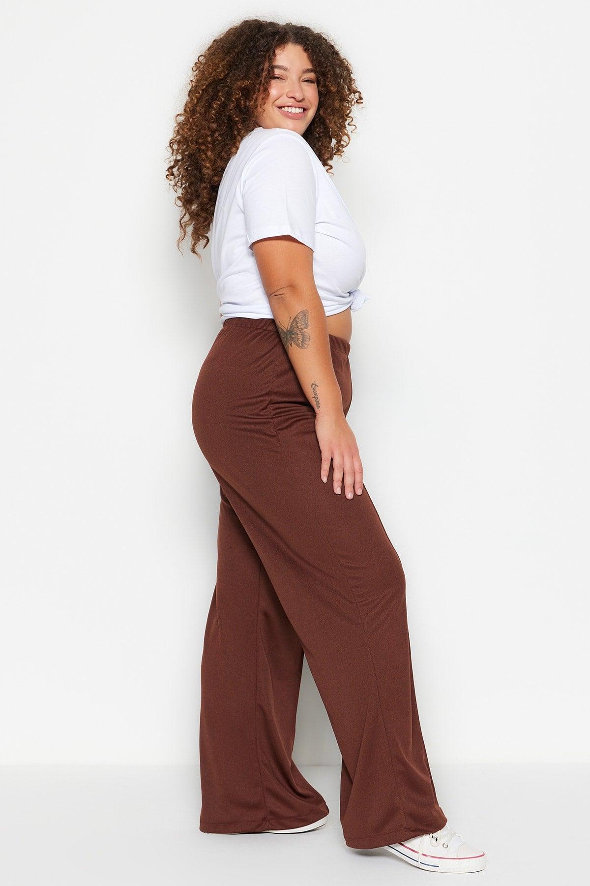 Brown Wideleg Knitted Crepe High Waist Ribbed Trousers TBBSS23AR00021 - Swordslife