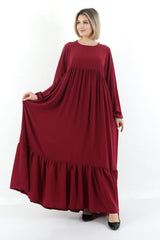 Claret Red Crew Neck Relaxed Fit Elastic Sleeve Side Pockets Pleated Robe Dress - Swordslife