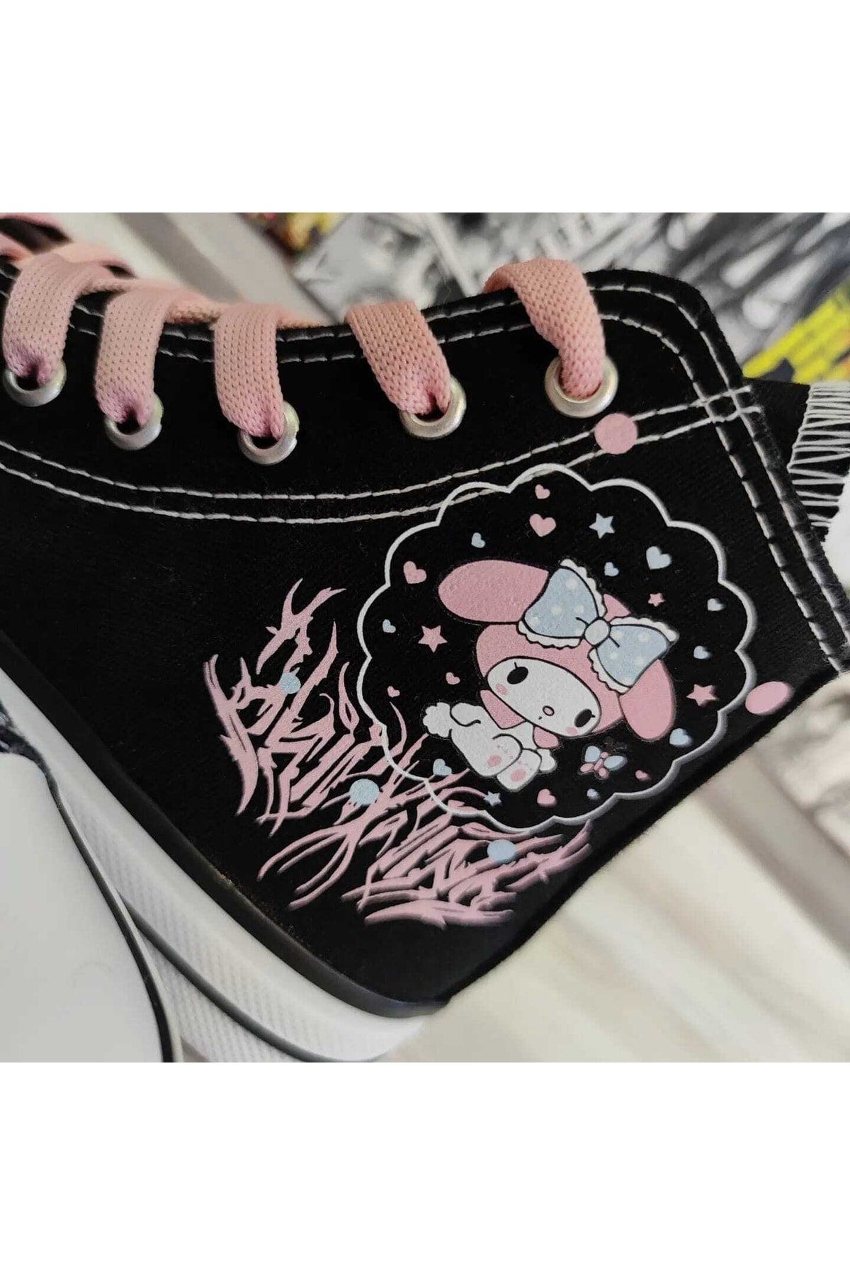 My Melody Fringed Pink Printed Black Ankle Sneakers Snekaer