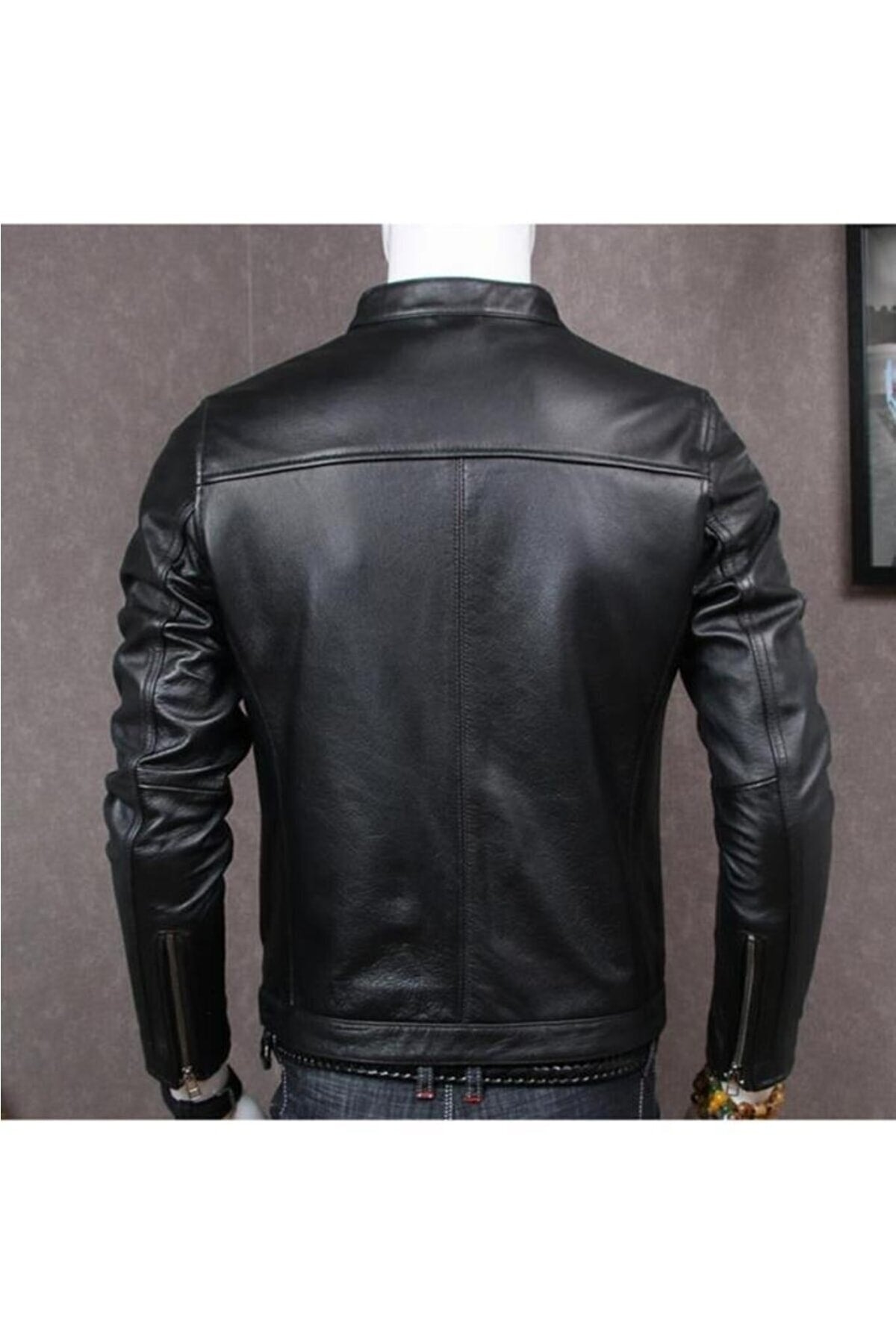 Genuine Leather Black British Collar Sport Men'S Leather Jacket