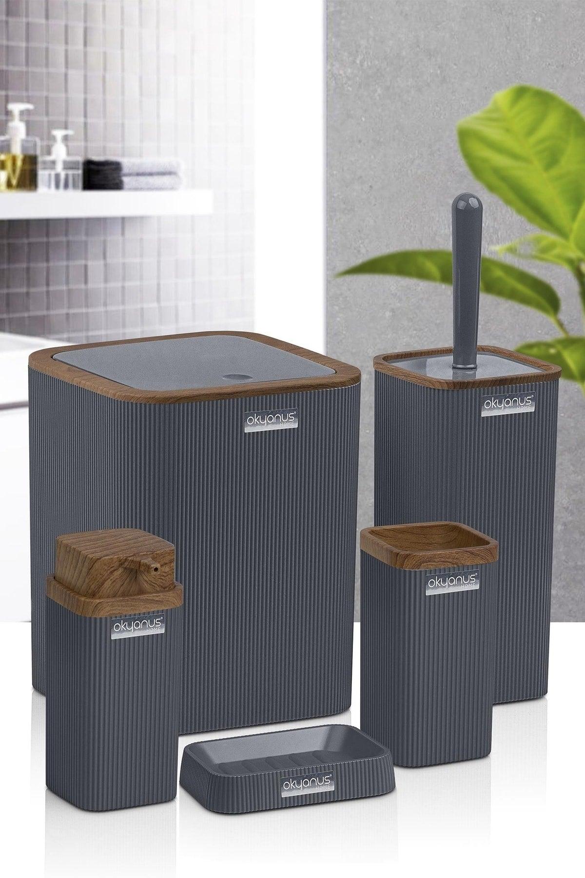 Stella Anthracite Wooden Patterned Striped 5 Piece Bathroom Set - Swordslife