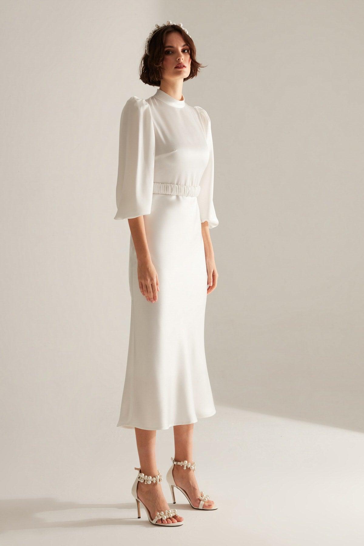 Judge Collar White Long Balloon Sleeve Evening Dress - Swordslife