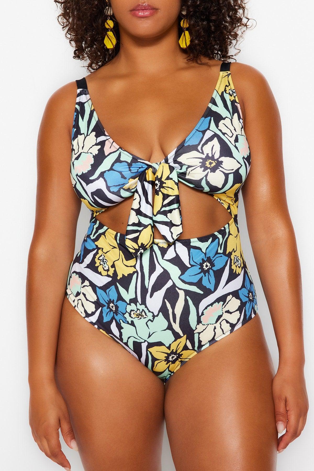 Multicolor Floral Patterned Tie Detailed Swimsuit TBBSS23AM00008 - Swordslife