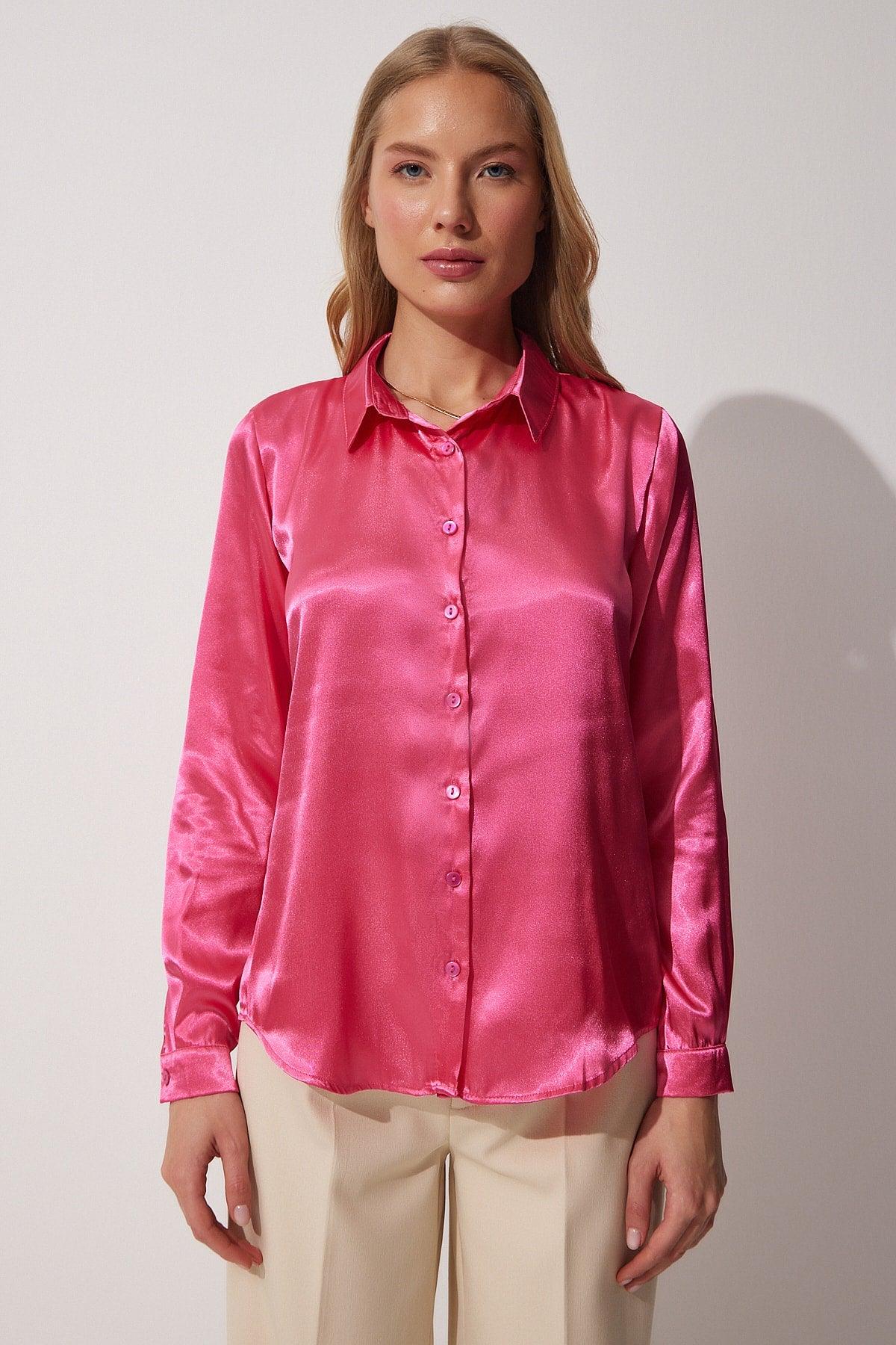 Women's Vivid Pink Light Flowy Satin Top Shirt DD00990 - Swordslife